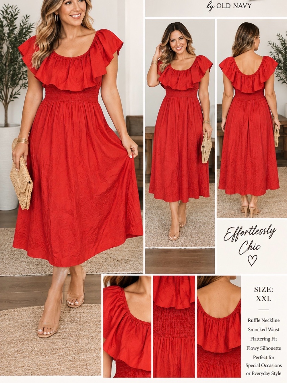 Old Navy Red Ruffle-Smock Midi Dress with Flowy Skirt